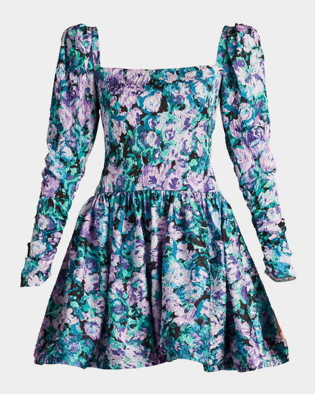 Crinkled Floral-Print Jacquard Mini Dress